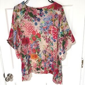Shana Womens Viscose Silk Floral Patchwork Kimono Sleeve Blouse Top Large Multi